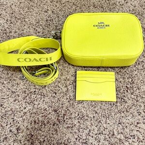 Coach Mini Jamie Neon Yellow Camera Crossbody Bag CH689 & Card Holder C9997 Set